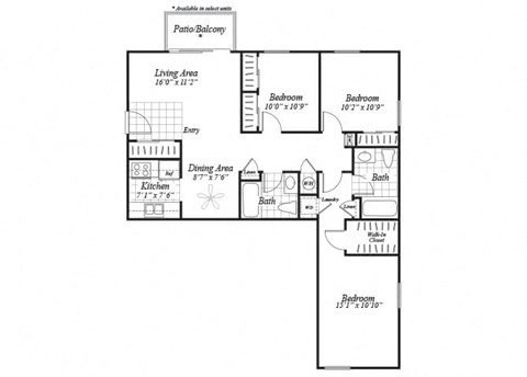 Three bedroom two bathroom floor plan at Brentwood